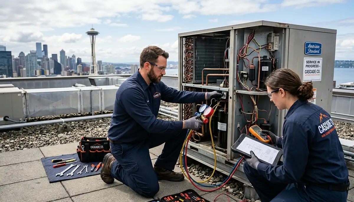 Professional AC repair technician servicing air conditioner in Colorado Springs CO home
