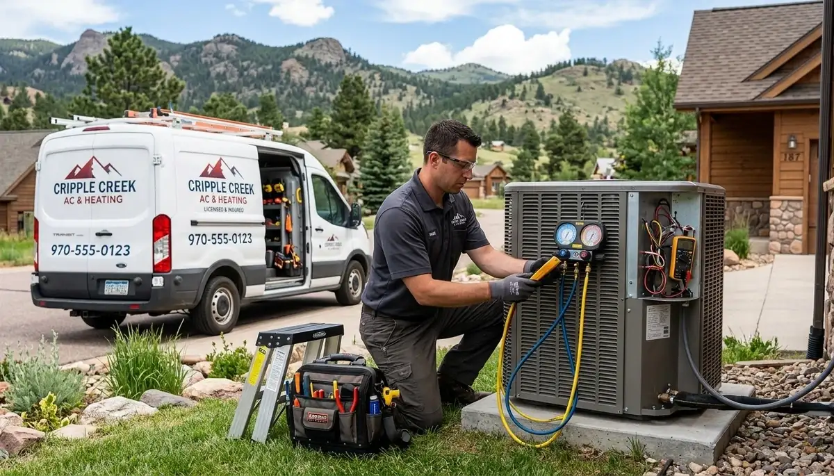 Professional AC repair technician servicing air conditioner in Colorado Springs CO home