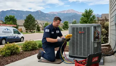 Professional HVAC technician performing AC repair in Colorado Springs, CO home