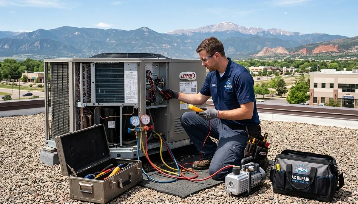 Professional AC repair technician servicing air conditioner in Colorado Springs, CO