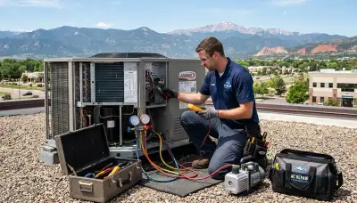 Professional AC repair technician servicing air conditioner in Colorado Springs, CO