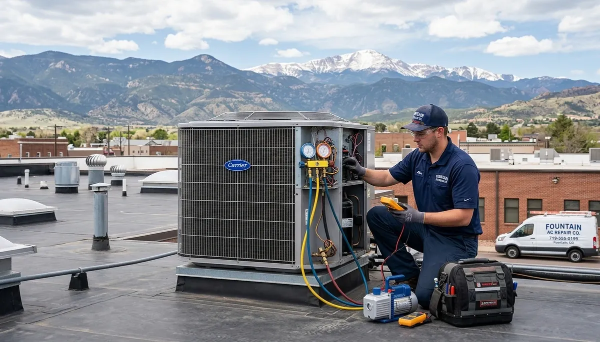 Professional AC repair technician servicing air conditioner in Colorado Springs CO home