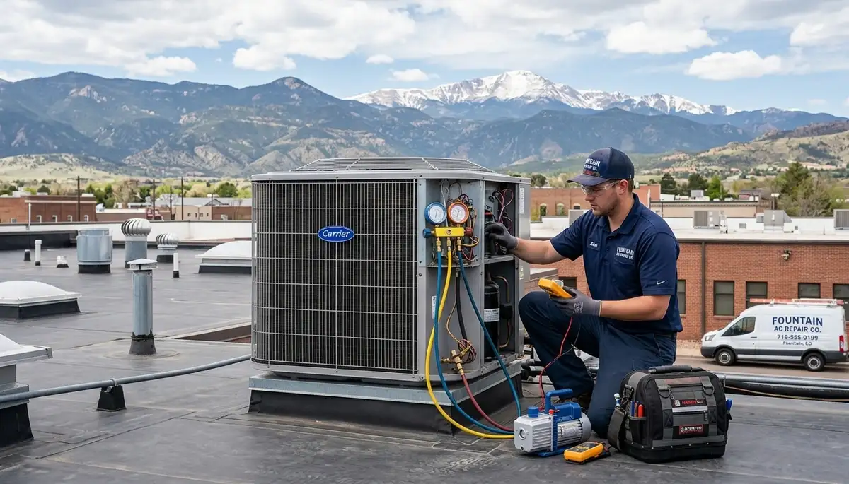 Professional AC repair technician servicing air conditioner in Colorado Springs CO home