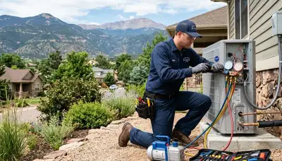 Professional AC repair technician servicing air conditioner in Colorado Springs, CO home