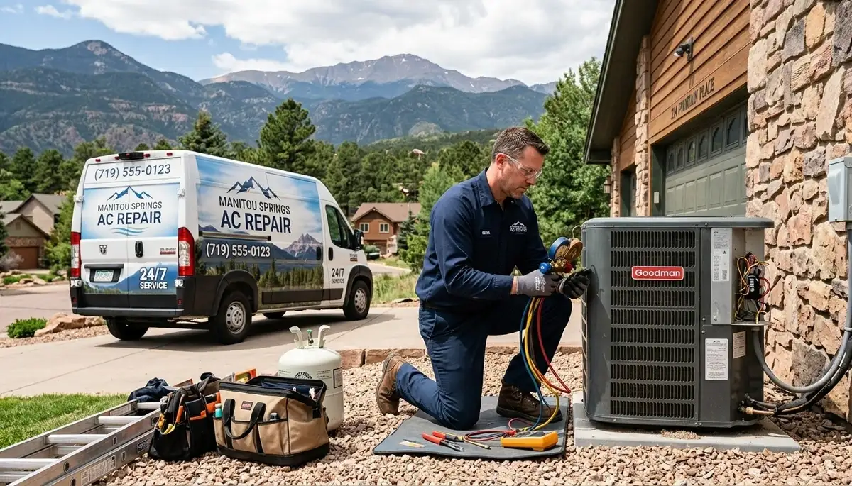 Professional AC repair technician servicing home unit in Colorado Springs CO