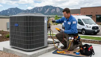 Professional AC repair technician servicing air conditioner in Colorado Springs CO home