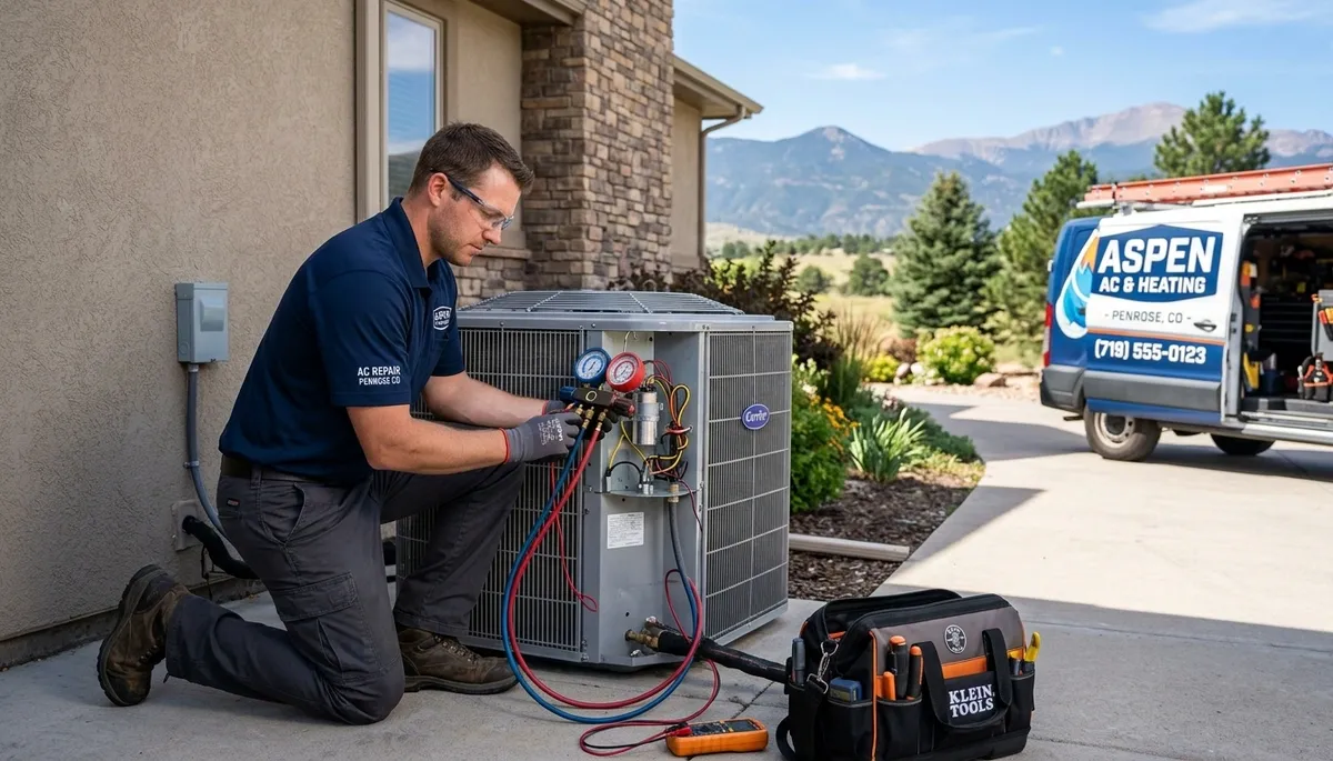 Professional AC repair technician servicing air conditioner in Colorado Springs CO home