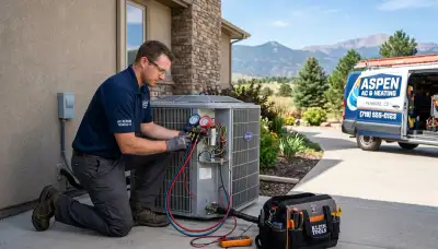 Professional AC repair technician servicing air conditioner in Colorado Springs CO home