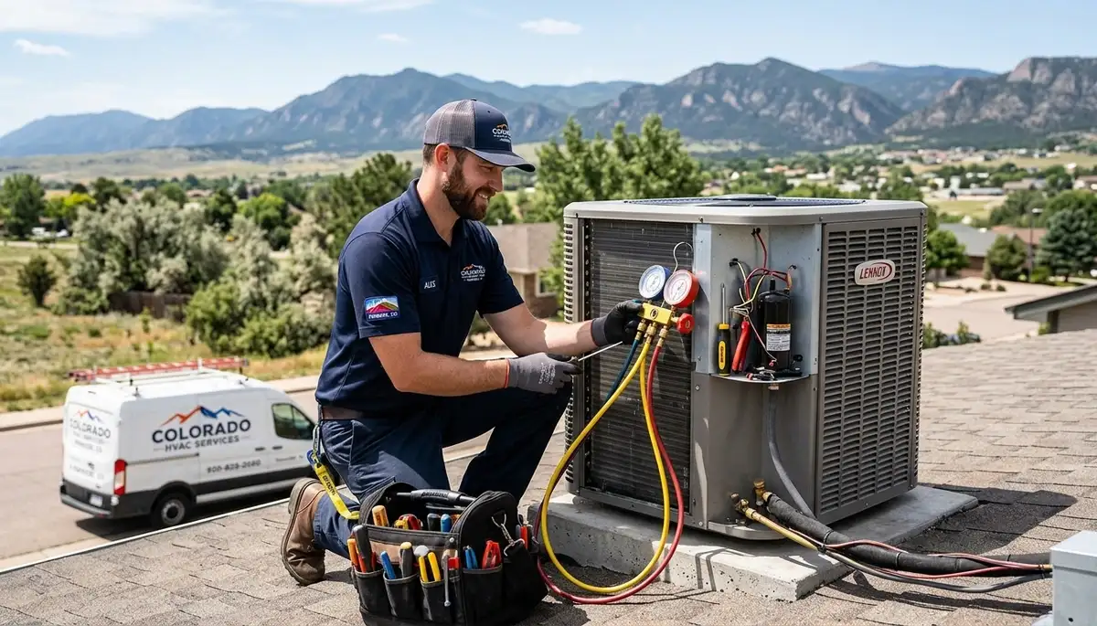 HVAC technician performing air conditioner repair in Colorado Springs CO home interior