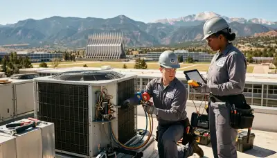 Professional AC repair technician servicing air conditioner unit in Colorado Springs CO home