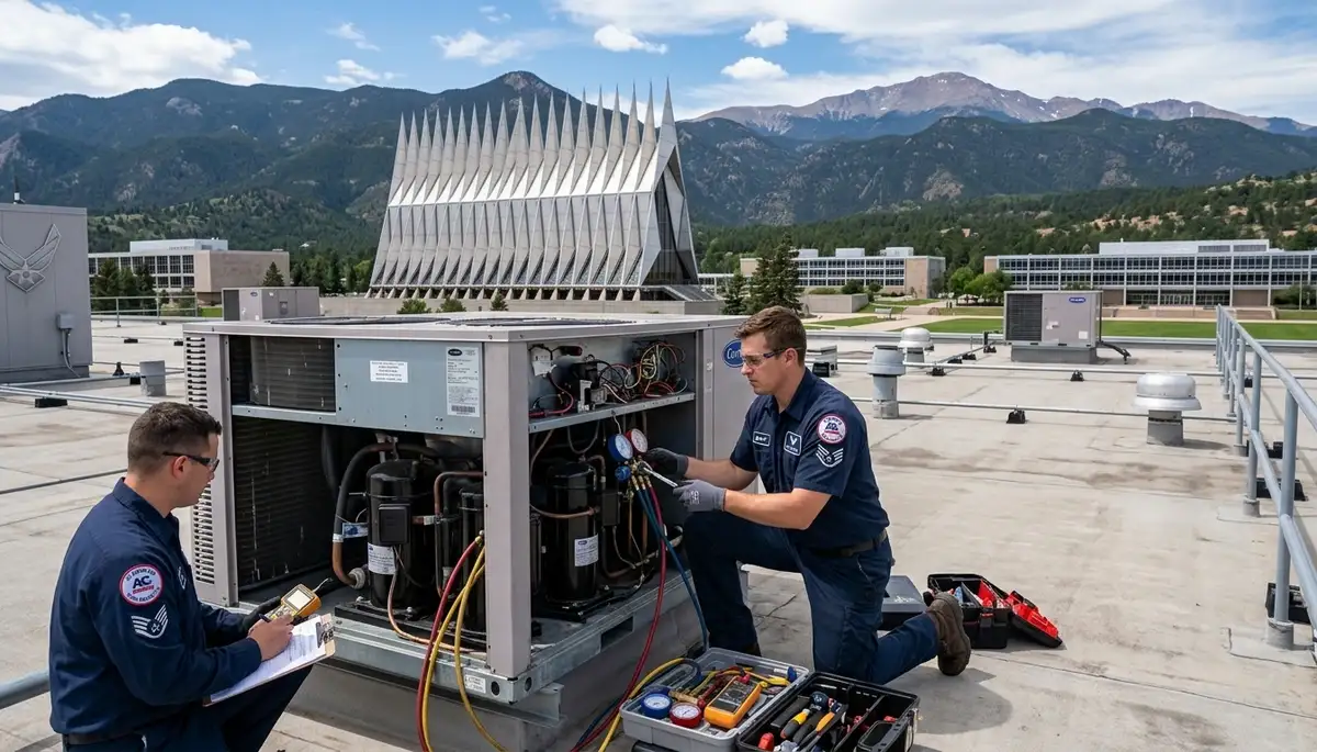 Professional AC repair technician servicing air conditioning unit in Colorado Springs CO