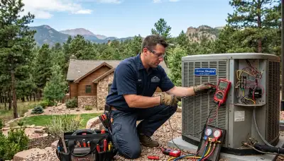 Professional AC repair technician servicing air conditioner unit in Colorado Springs CO