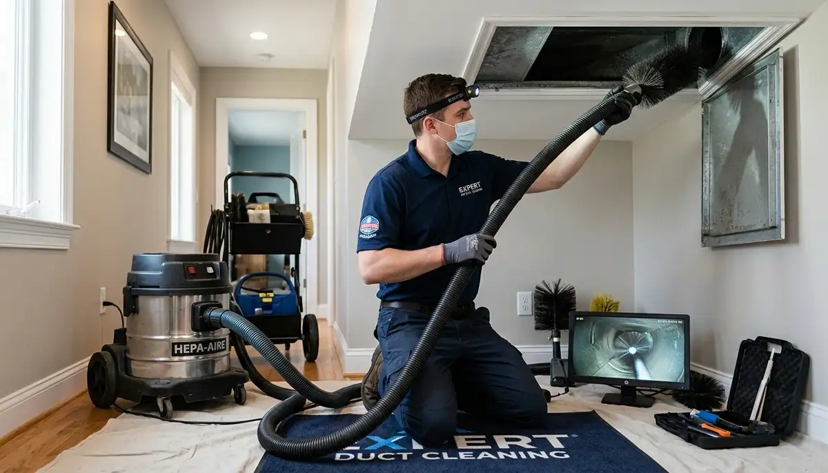 Technician cleaning air ducts in Colorado Springs CO home for improved HVAC efficiency