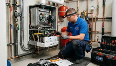 Technician performing boiler repair in Colorado Springs CO for home heating system maintenance