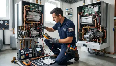 Technician performing boiler repair in Colorado Springs, CO for residential heating system