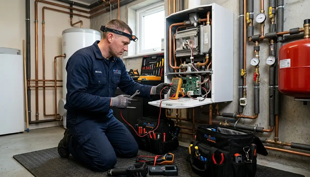 Technician performing boiler repair in Colorado Springs, CO for Five Star Cooling heating service