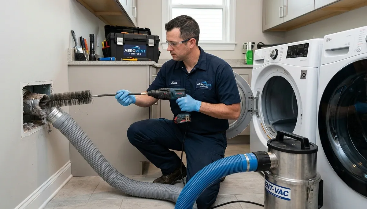 Technician performing dryer vent cleaning service in Colorado Springs, CO home