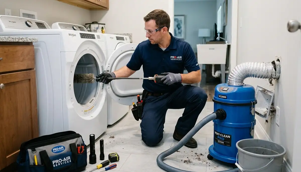 Technician cleaning dryer vent in Colorado Springs CO home for Five Star Cooling service