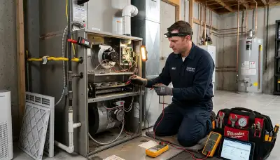 Technician performing furnace repair in Colorado Springs CO home for Five Star Cooling service