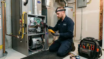 Technician performing furnace repair in Colorado Springs, CO for Five Star Cooling heating service
