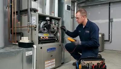 Technician performing heating repair on furnace in Colorado Springs, CO home