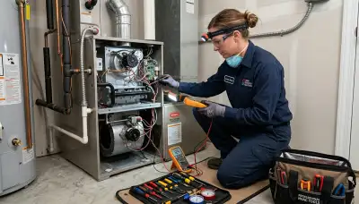 Technician performing heating repair in Colorado Springs CO home for Five Star Cooling service