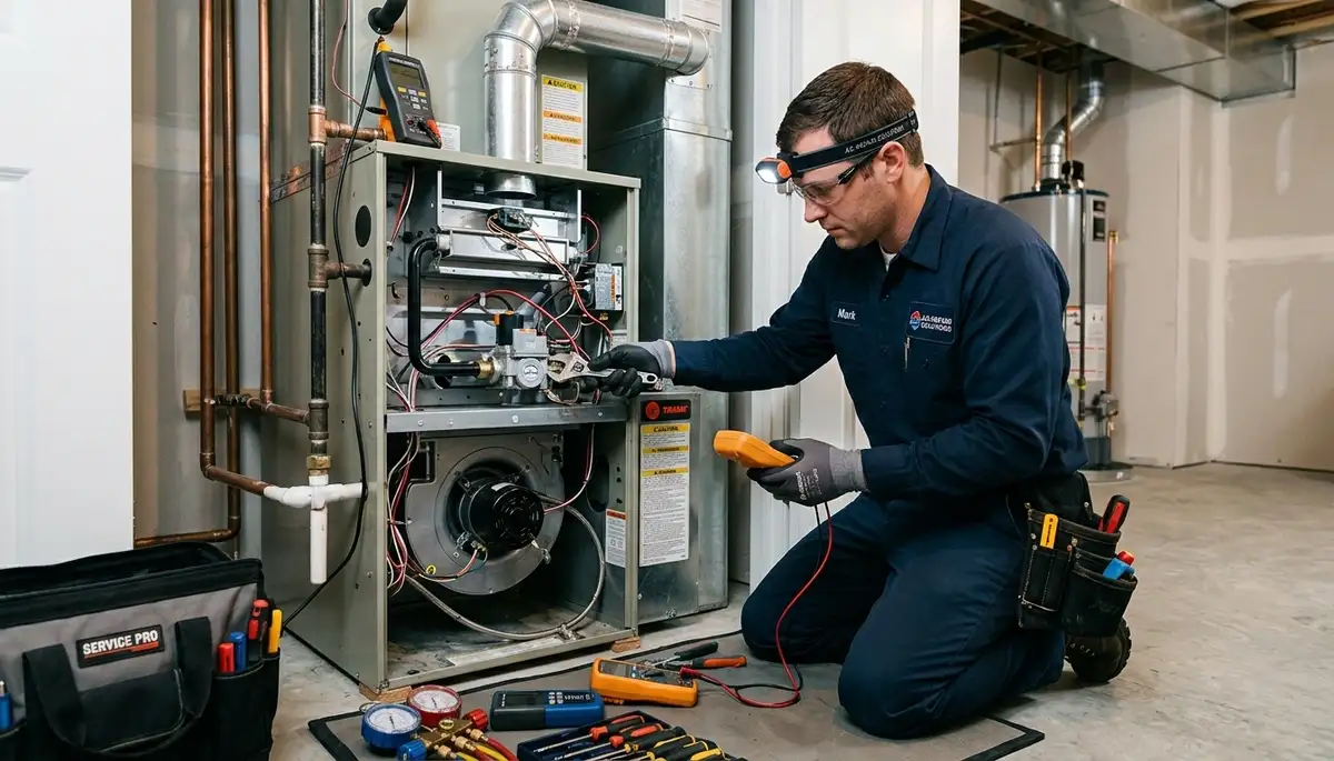 Technician performing heating repair in Colorado Springs CO home for Five Star Cooling service