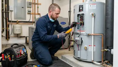 Technician performing water heater repair in Colorado Springs CO home for Five Star Cooling