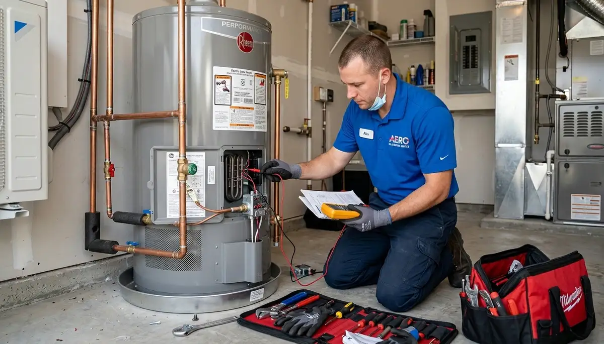 Technician performing water heater repair in Colorado Springs CO home for Five Star Cooling